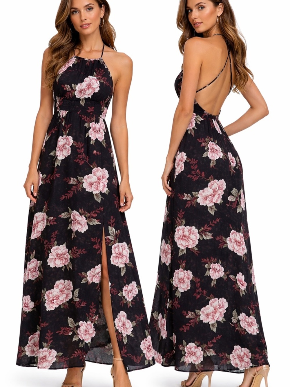 Women’s Black Floral Halter Maxi Dress with Pink Bloom